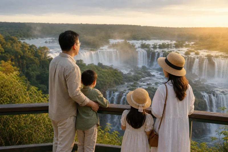 Chinese family enjoying Iguazu Falls on a luxury Brazil trip