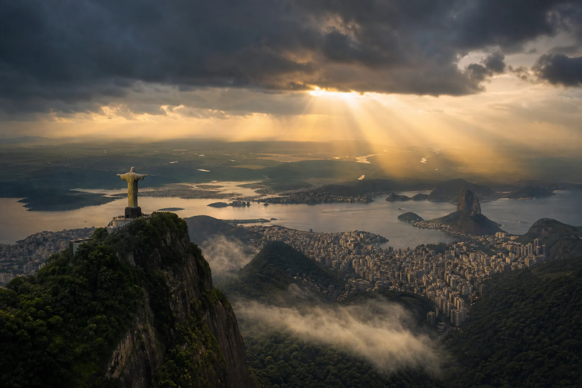 Panoramic view of Rio de Janeiro and Brazilian rainforest at golden hour